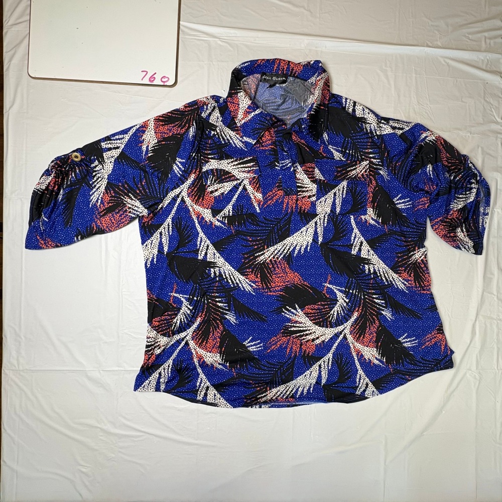 Star Vixen‎ Womens 3X Tropical Palm Print Roll Tab Sleeve Blouse Blue 80196-X